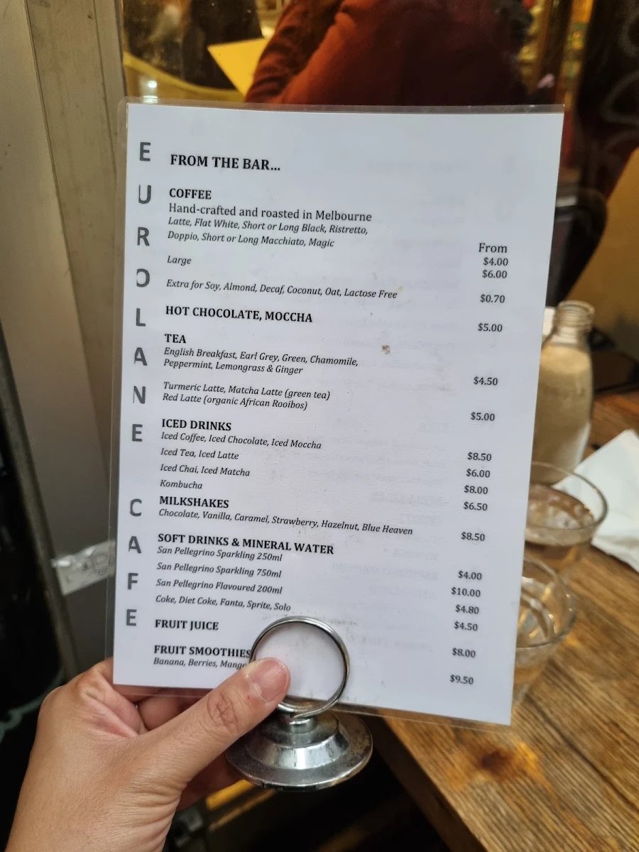 Menu, Euro Lane Cafe