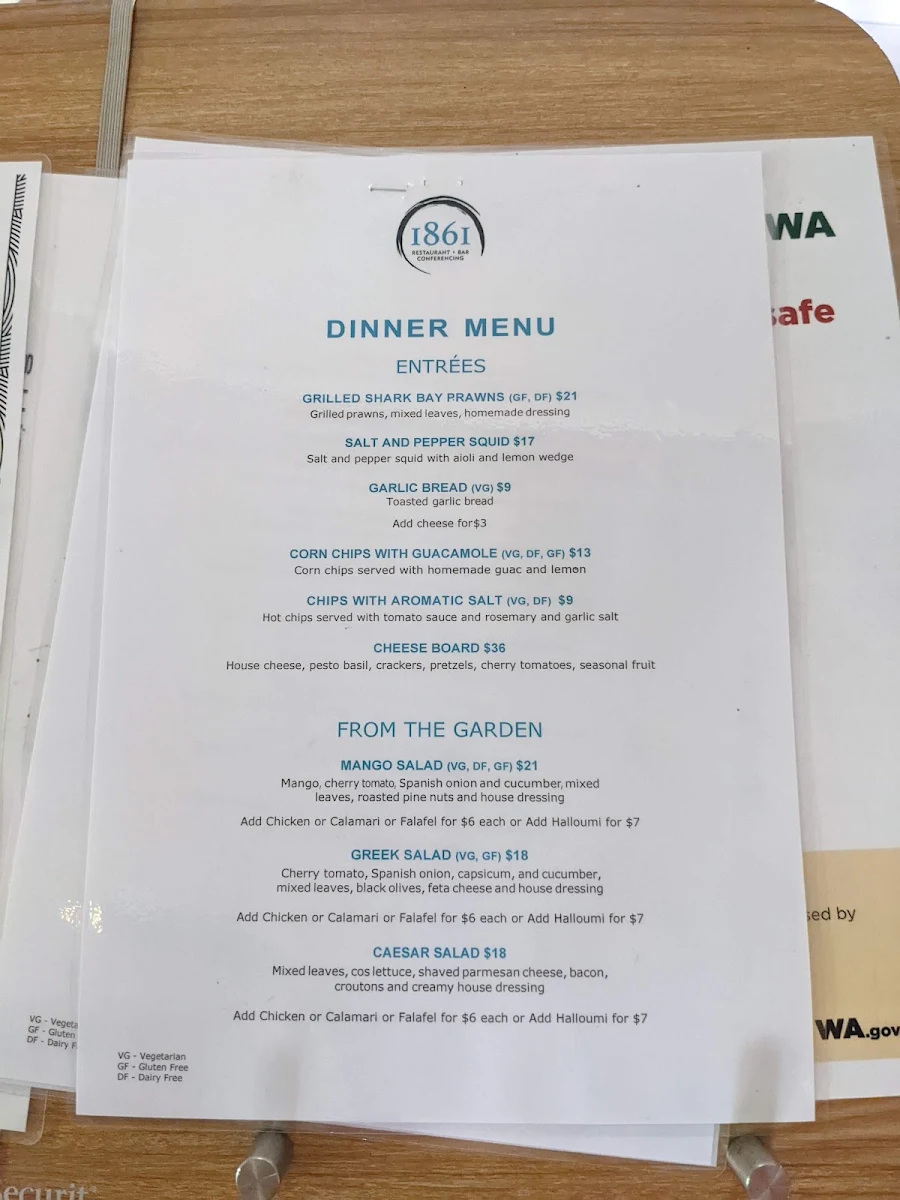 Menu, 1861 Restaurant