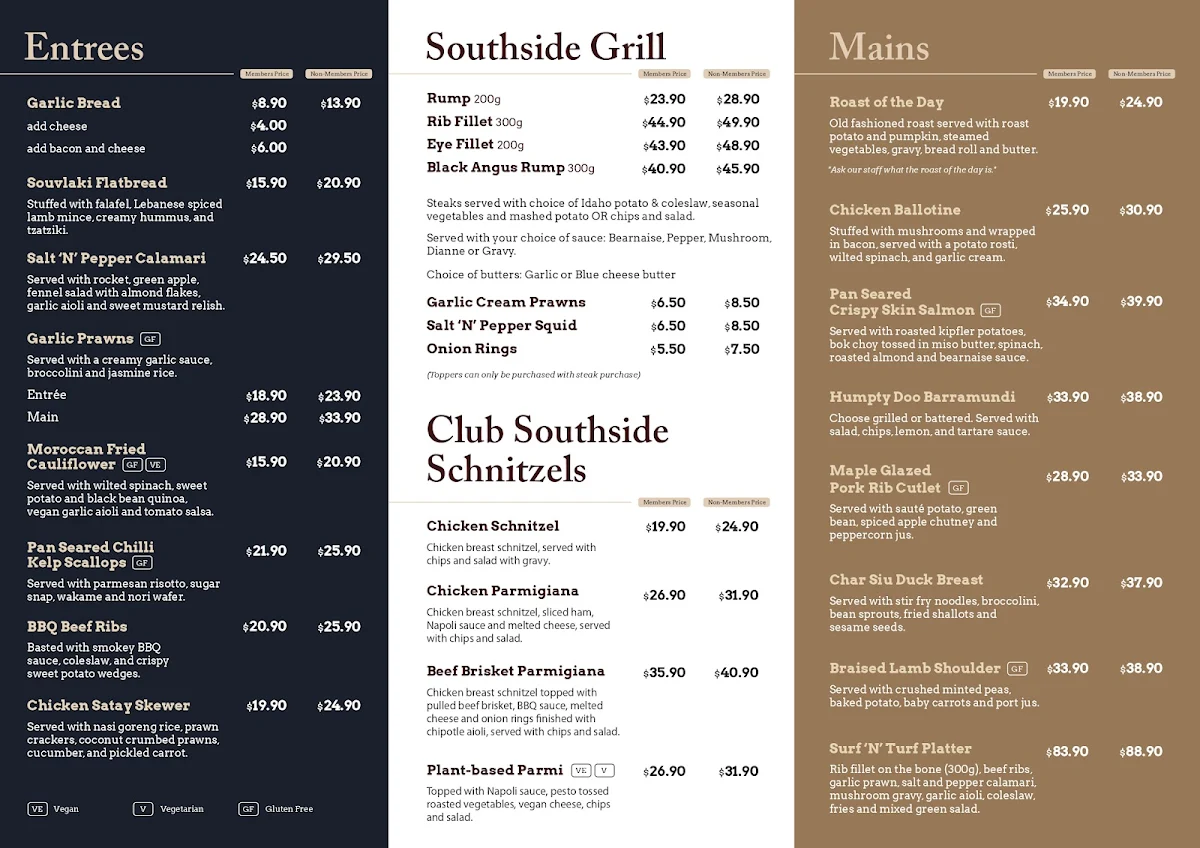 Menu, Club Southside