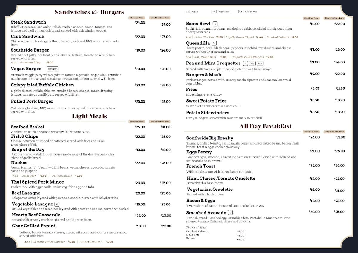 Menu, Club Southside