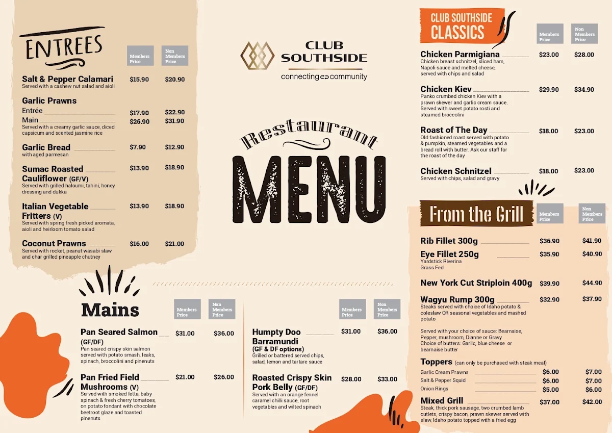 Menu, Club Southside