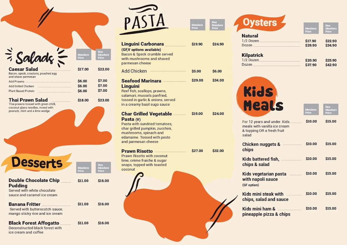 Menu, Club Southside