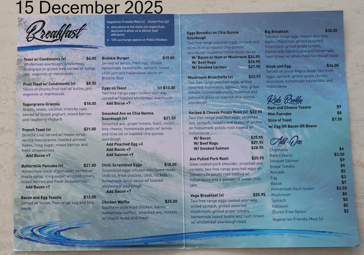Menu, Falcon Bay Beach Cafe