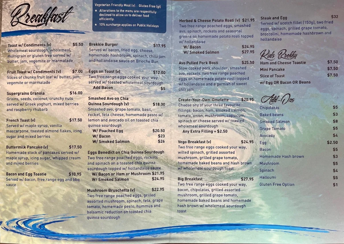 Menu, Falcon Bay Beach Cafe