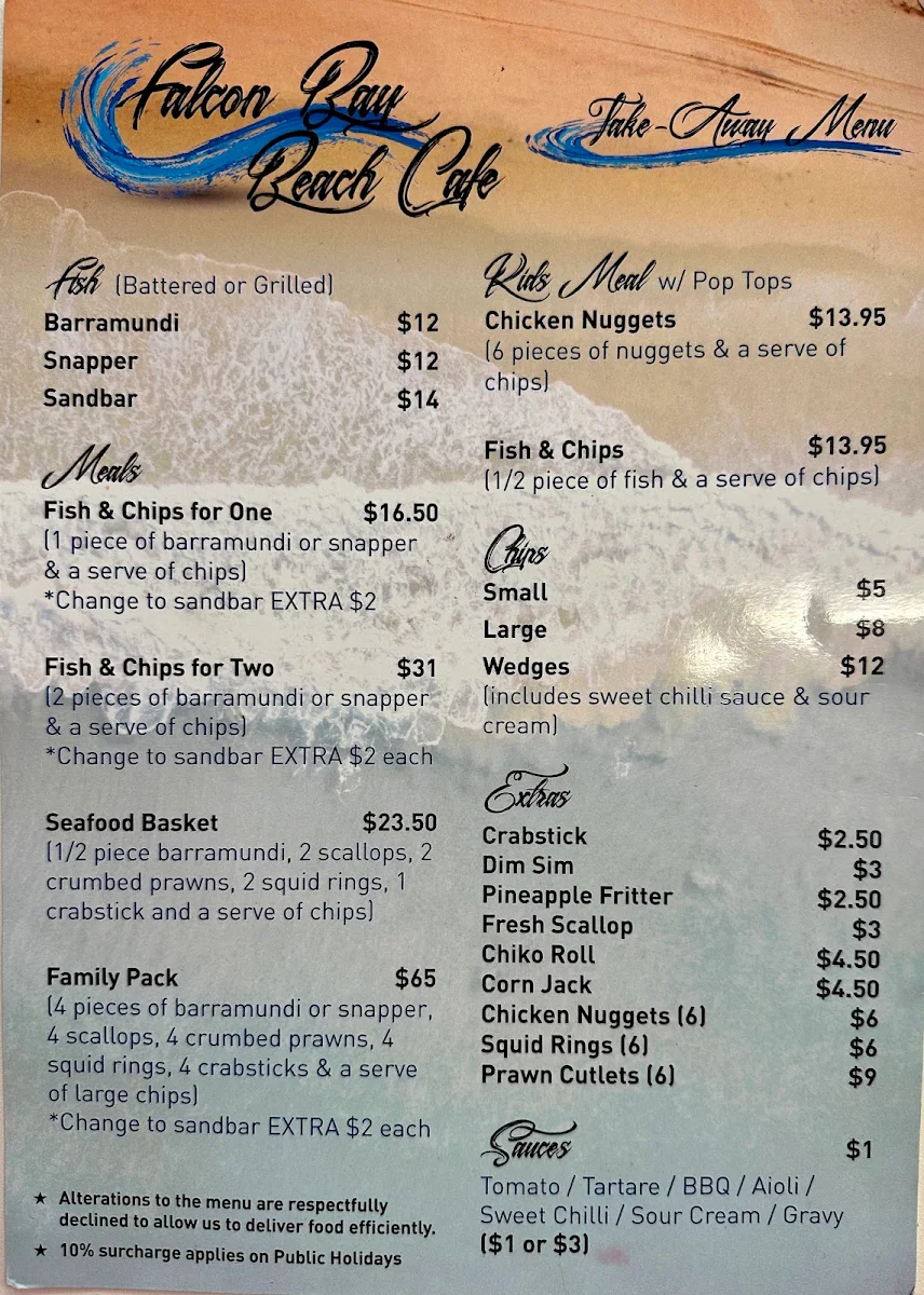 Menu, Falcon Bay Beach Cafe