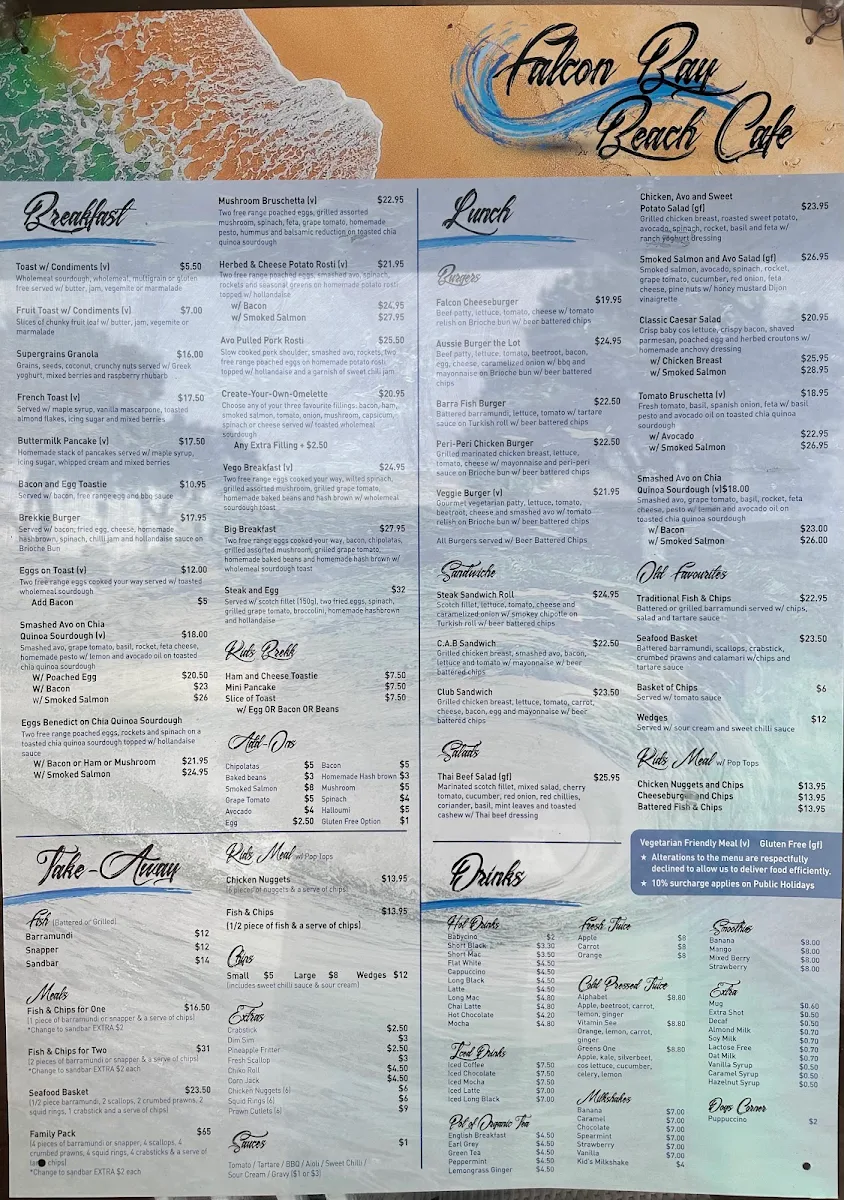 Menu, Falcon Bay Beach Cafe