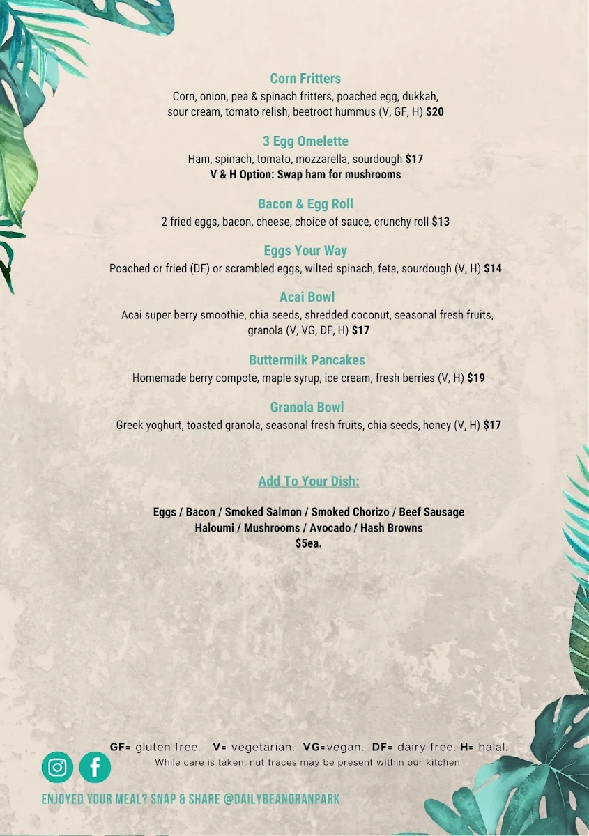 Menu, Daily Bean Oran Park