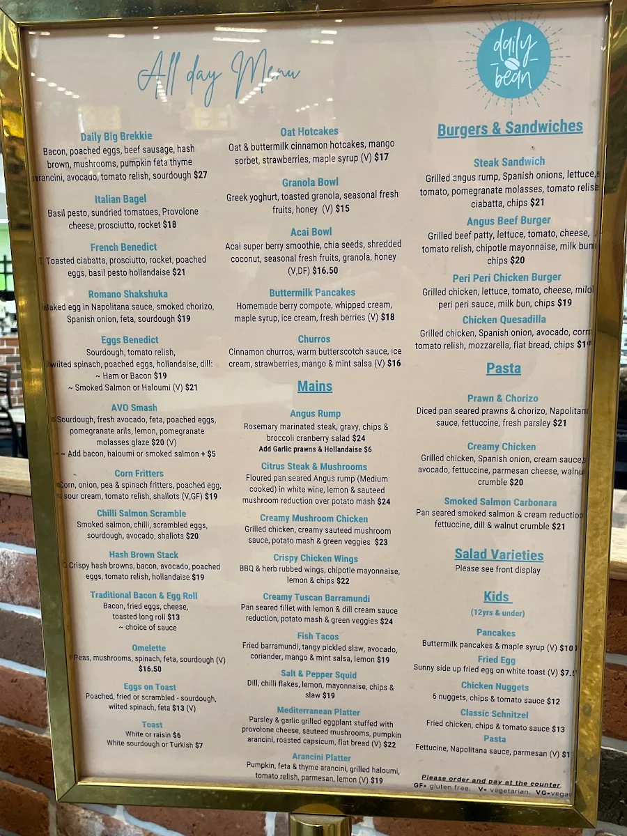 Menu, Daily Bean Oran Park