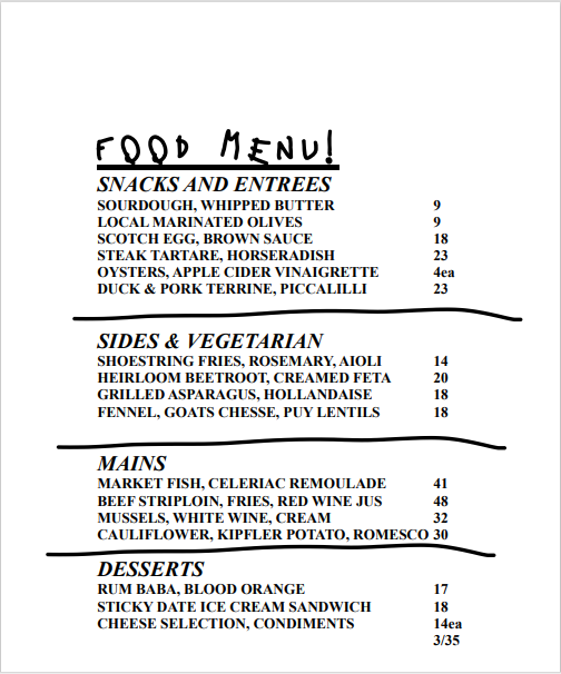 Menu, BERTIE