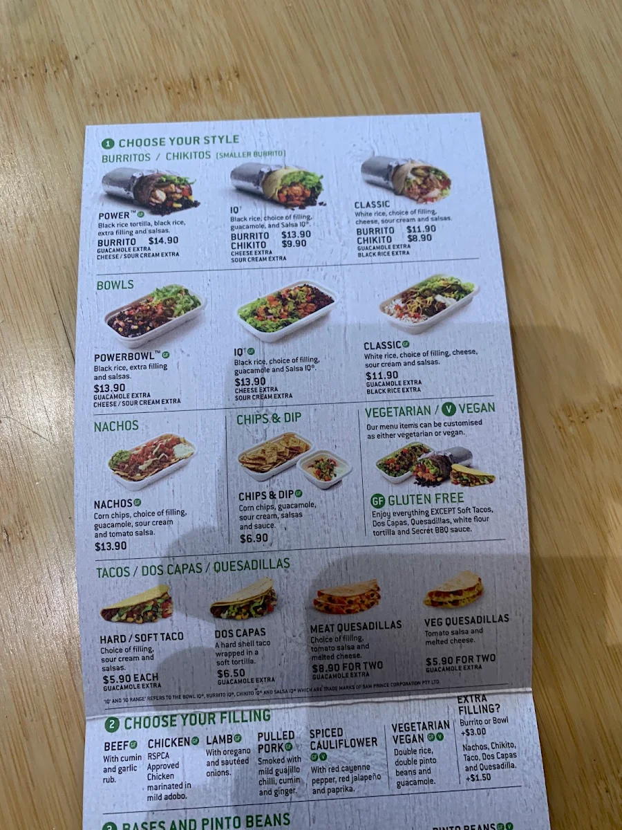 Menu, Zambrero Casula