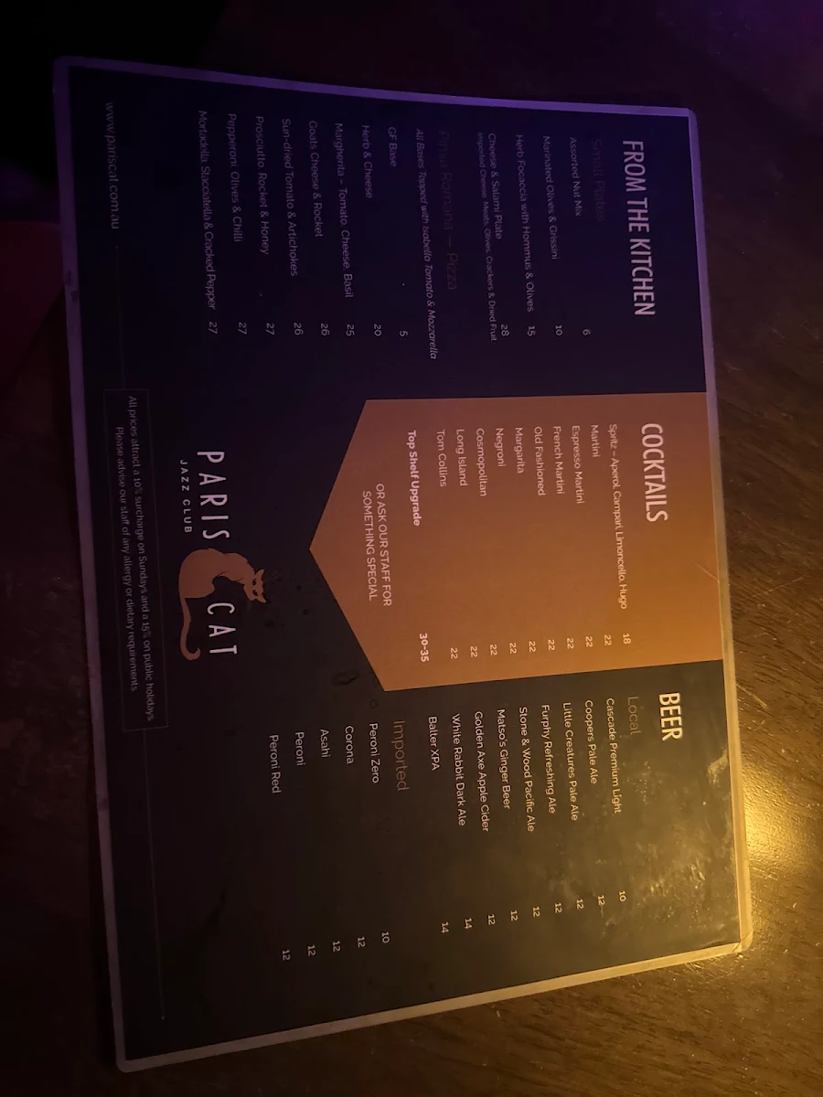 Menu, Paris Cat Jazz Club