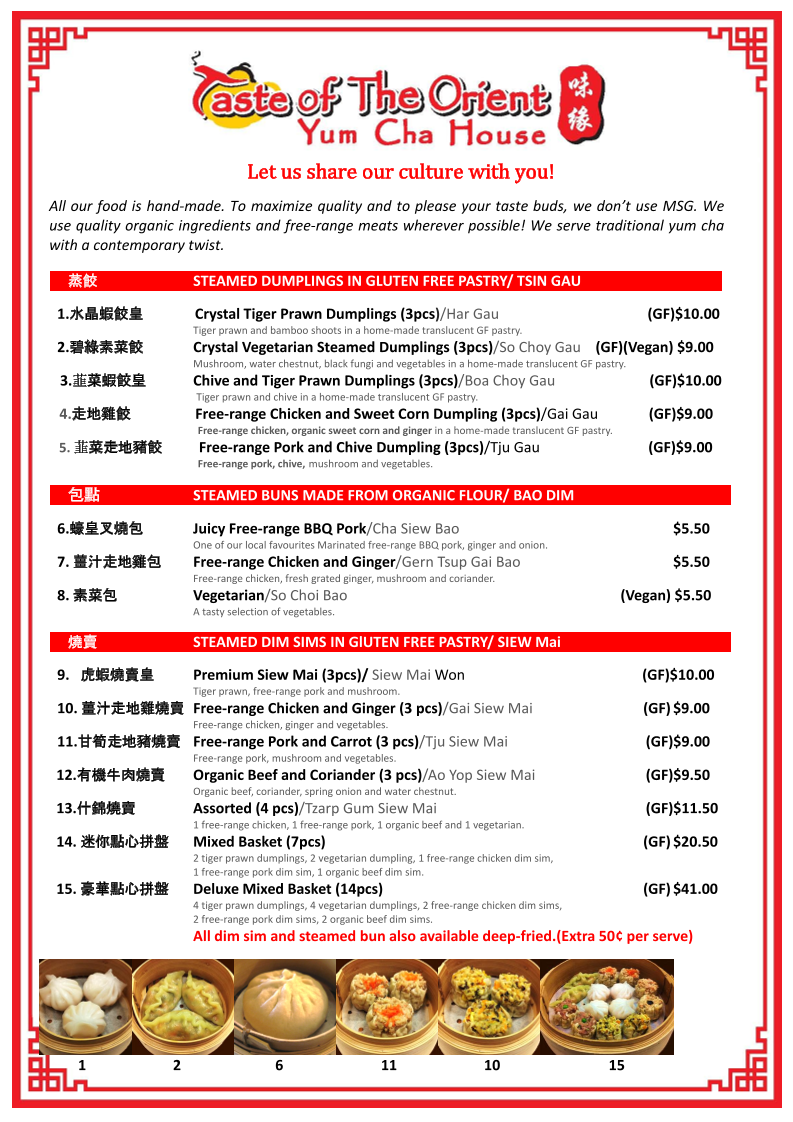 Menu, Taste of The Orient Yum Cha House