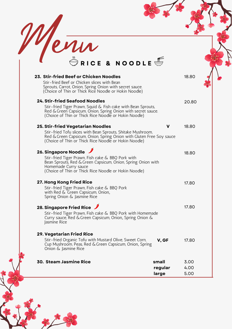 Menu, Taste of The Orient Yum Cha House