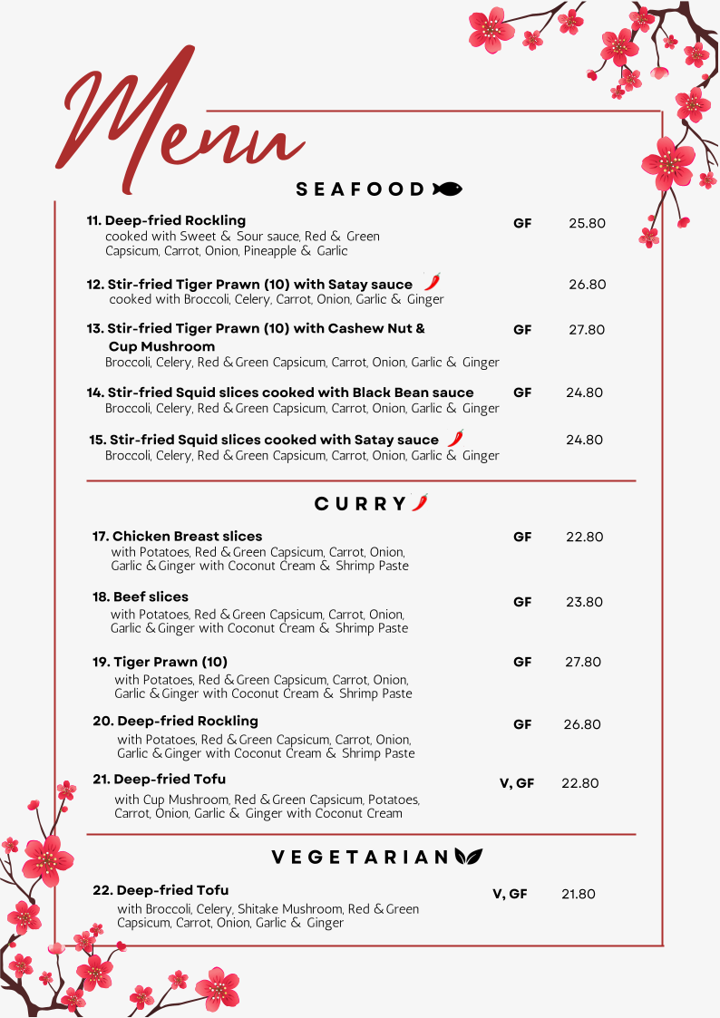 Menu, Taste of The Orient Yum Cha House