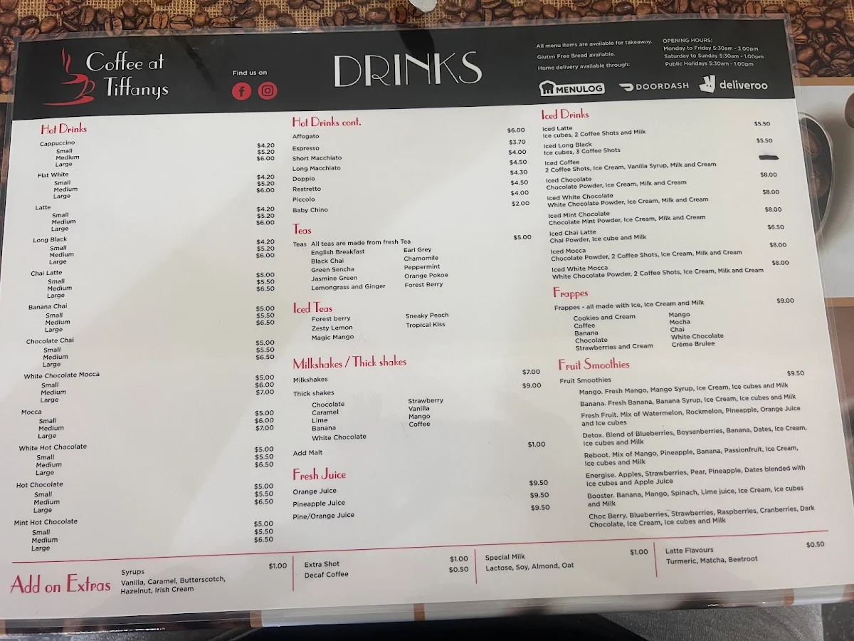 Menu, Coffee at Tiffanys