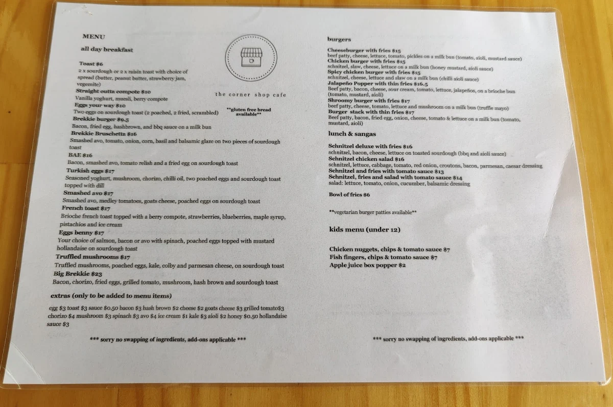 Menu, The Corner Shop Cafe