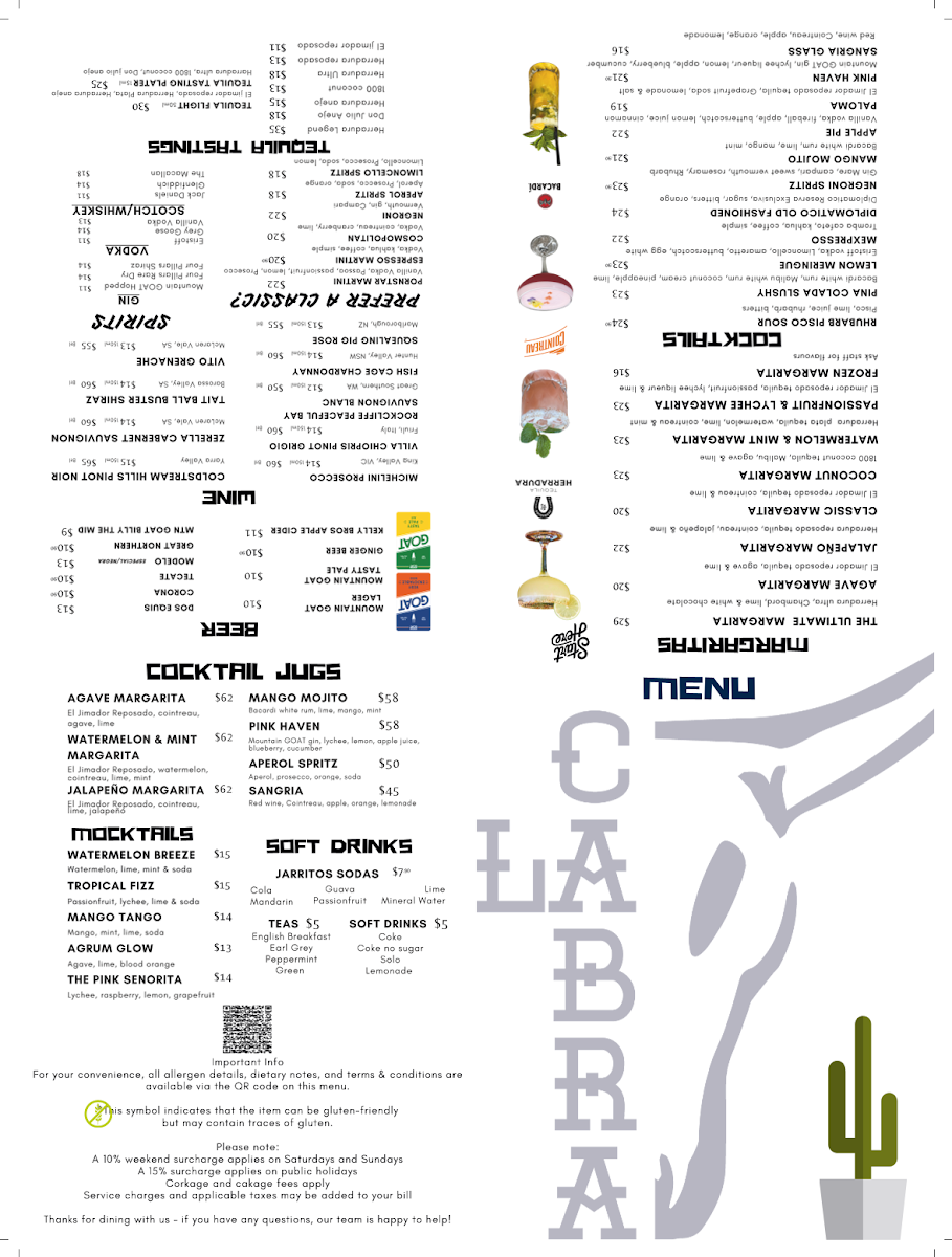 Menu, La Cabra Mexican Carnegie