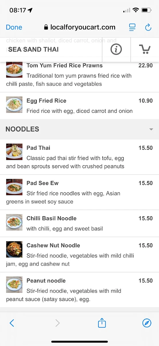 Menu, Sea Sand Thai
