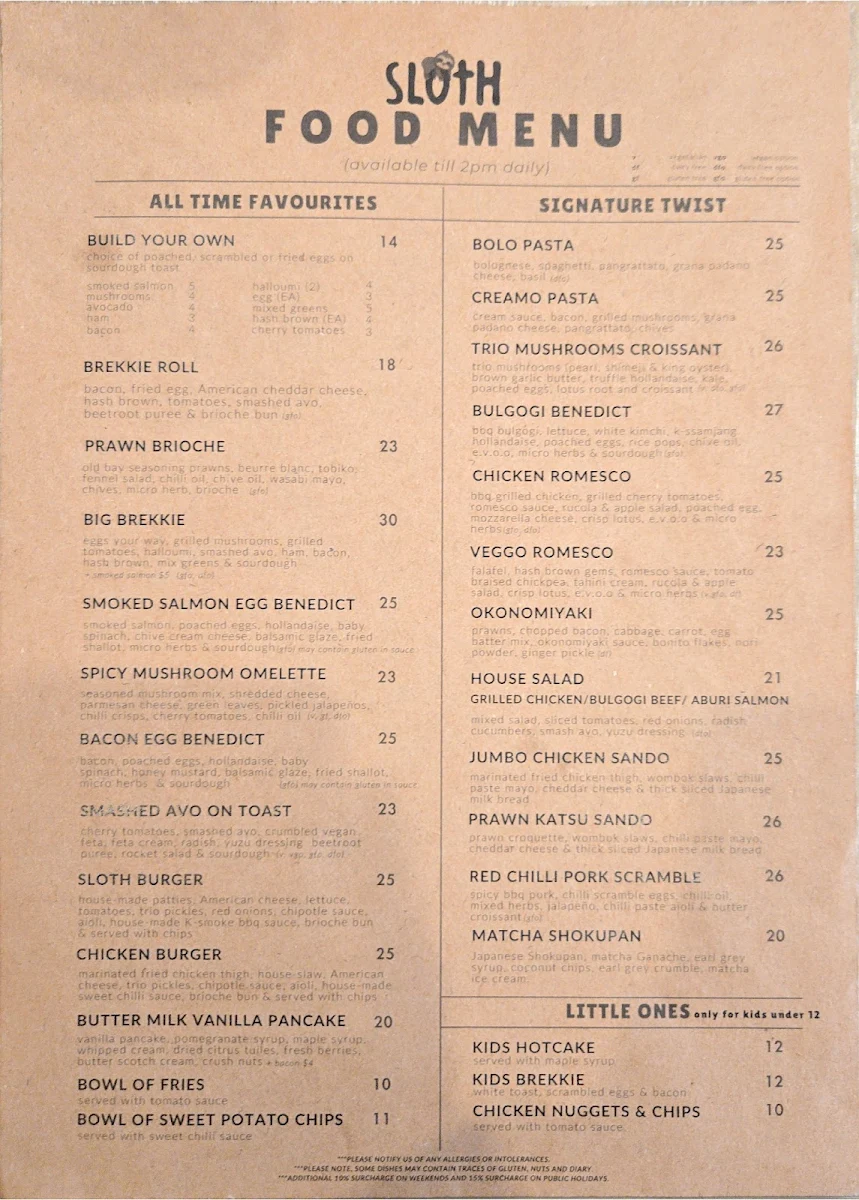 Menu, Sloth Cafe