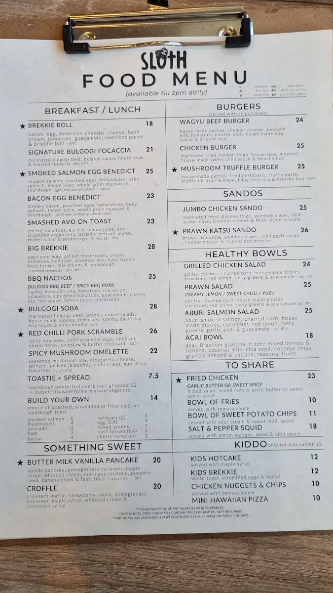Menu, Sloth Cafe
