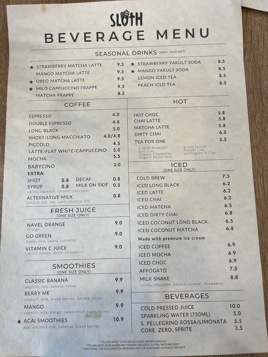 Menu, Sloth Cafe
