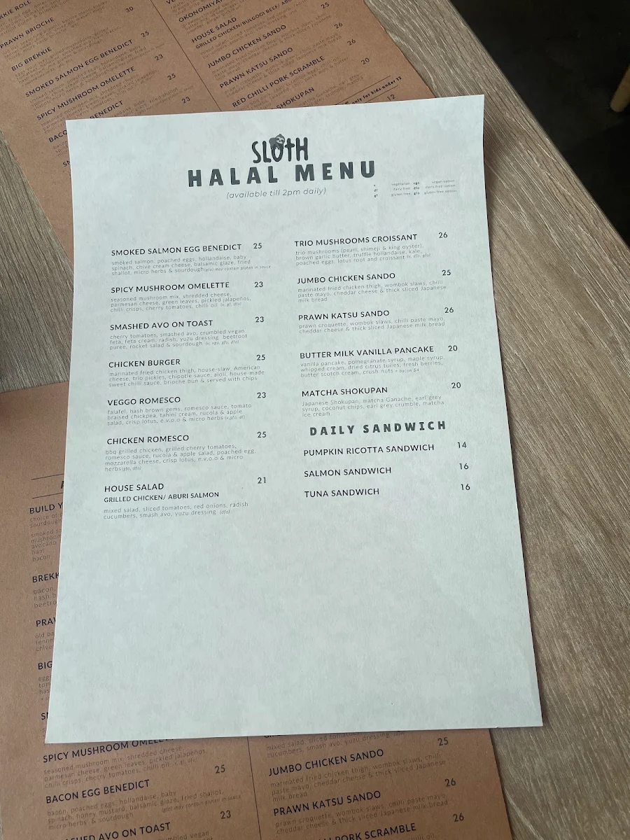 Menu, Sloth Cafe