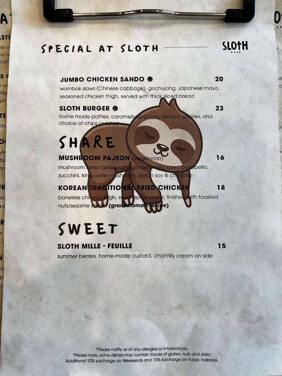 Menu, Sloth Cafe