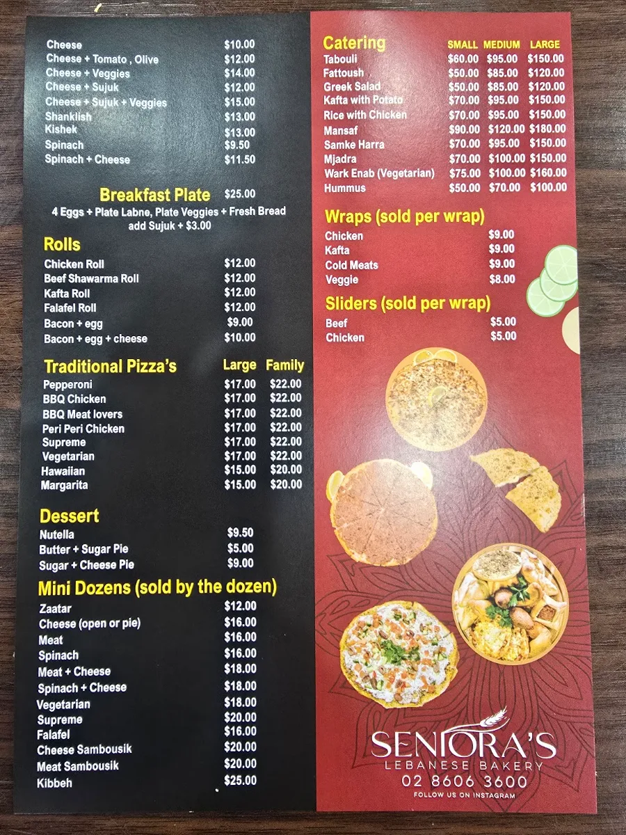 Menu, Senioras Lebanese Bakery