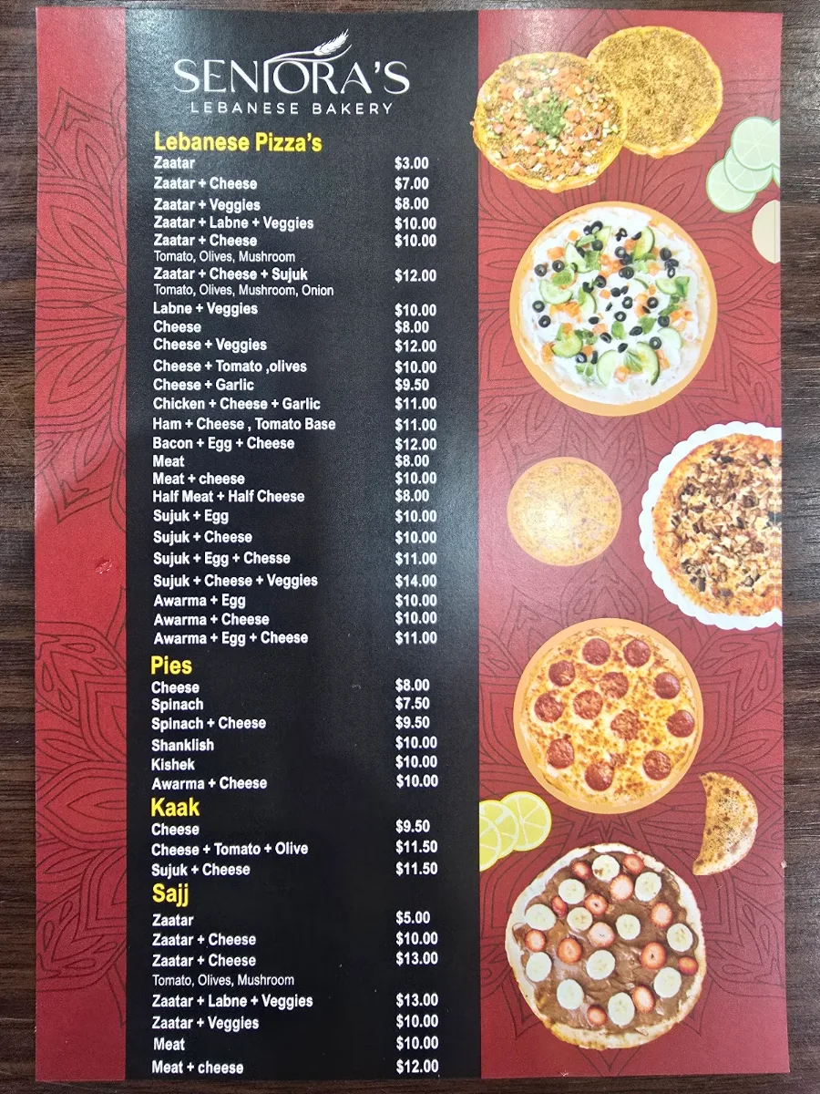 Menu, Senioras Lebanese Bakery
