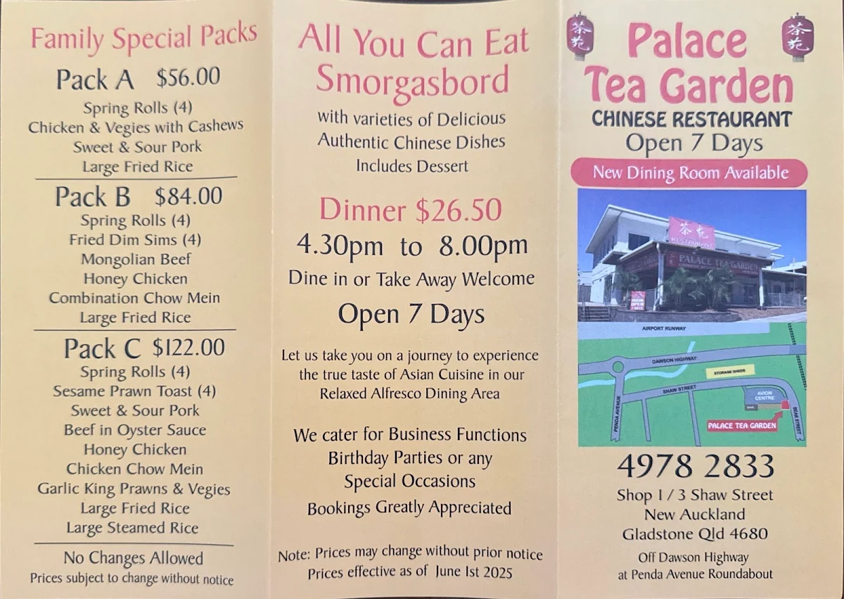 Menu, Palace Tea Garden Chinese Restaurant