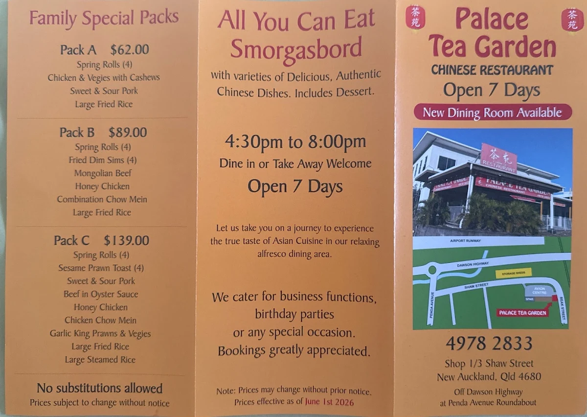Menu, Palace Tea Garden Chinese Restaurant