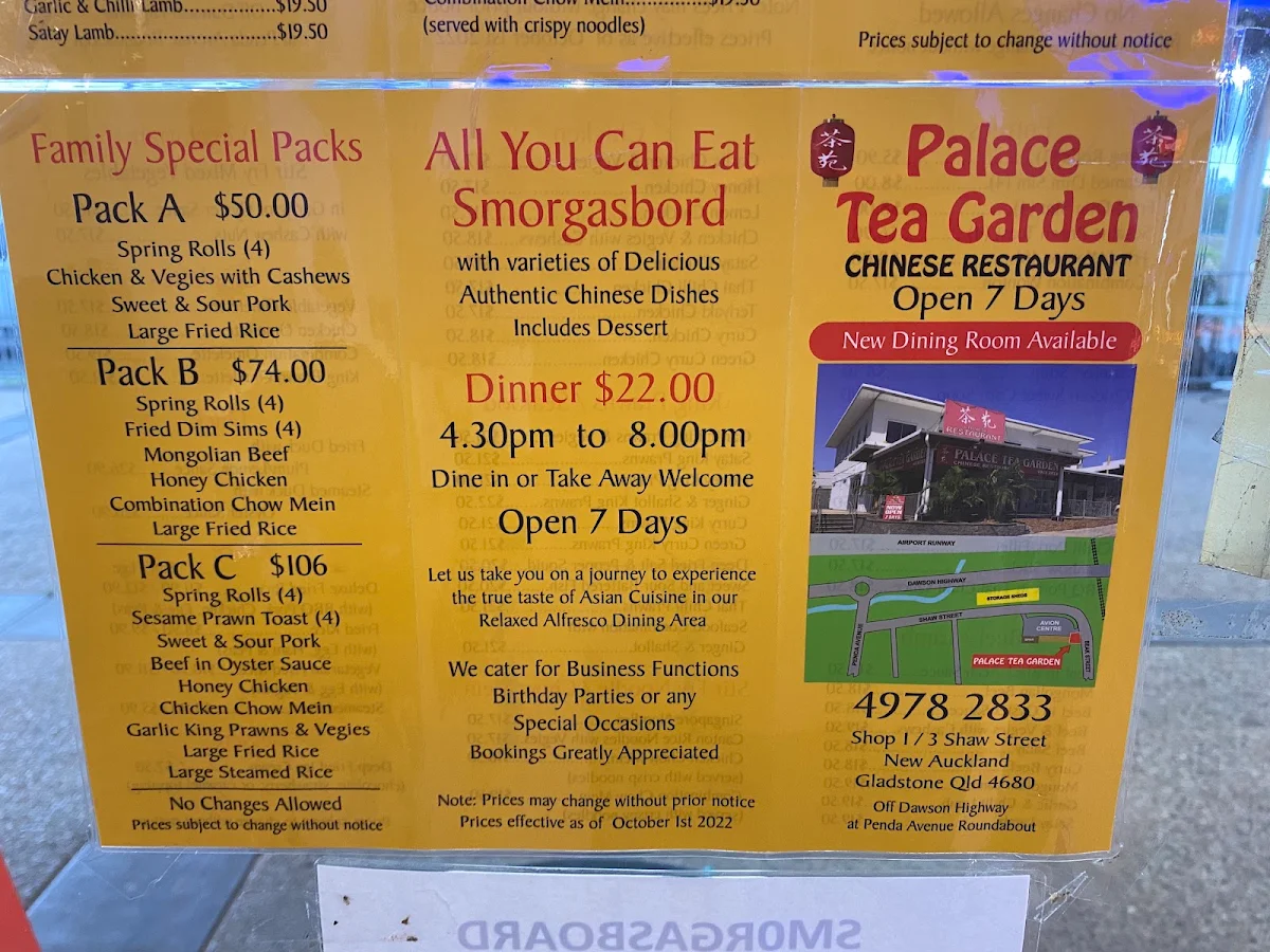 Menu, Palace Tea Garden Chinese Restaurant