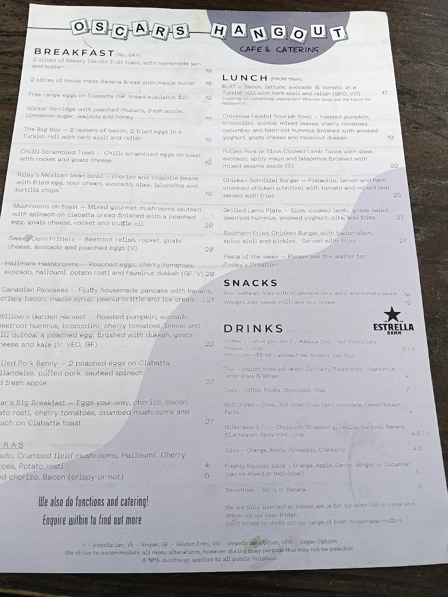 Menu, Oscar's Hangout