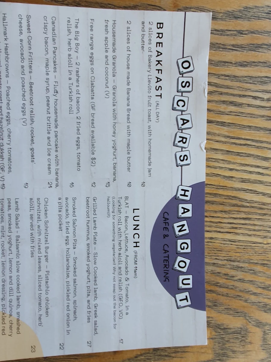 Menu, Oscar's Hangout
