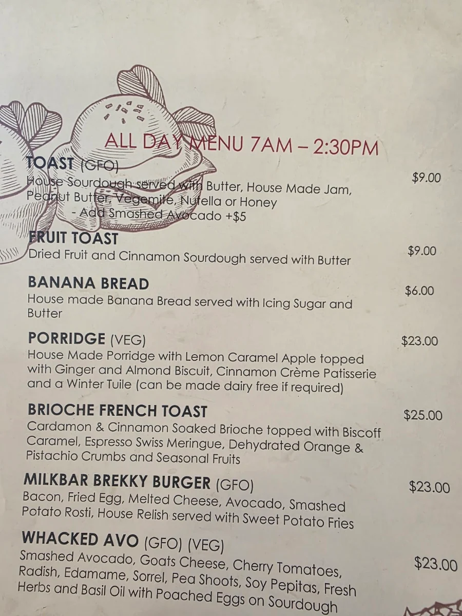 Menu, The Milkbar Shepparton