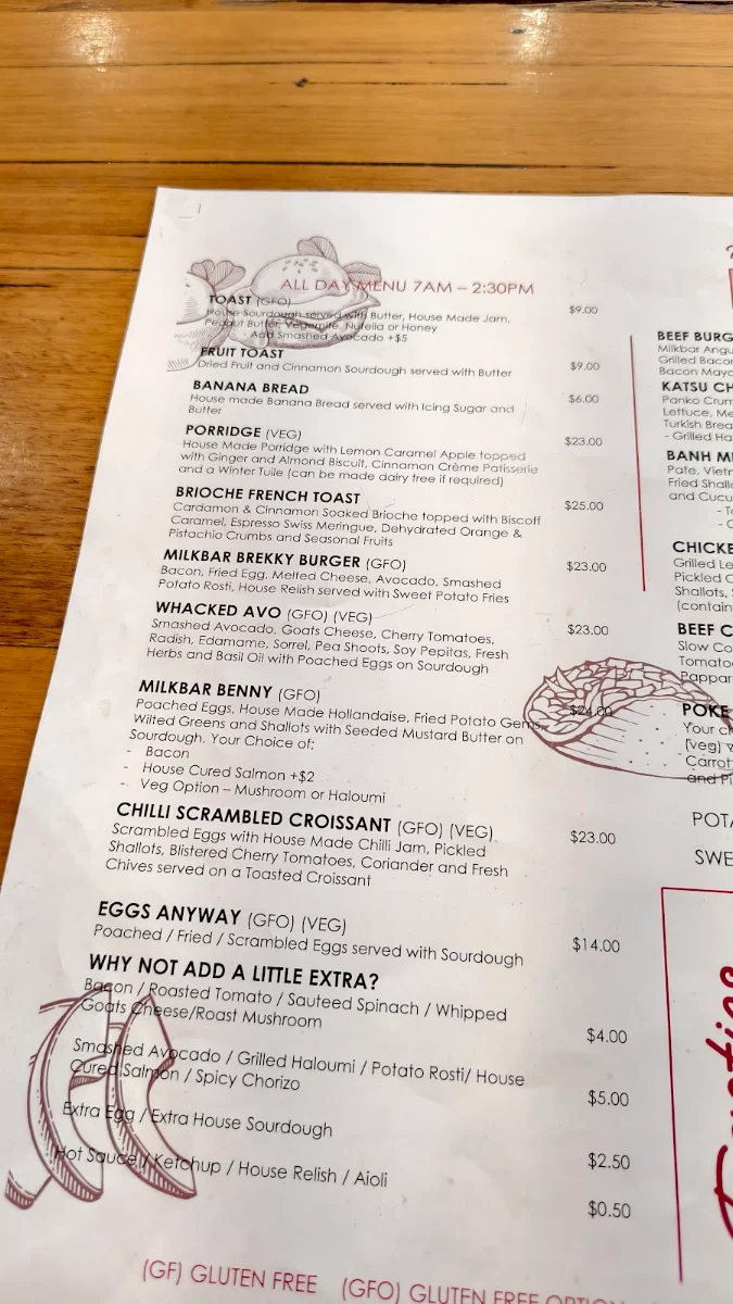 Menu, The Milkbar Shepparton