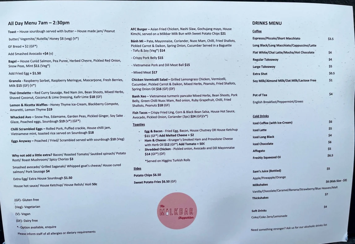 Menu, The Milkbar Shepparton