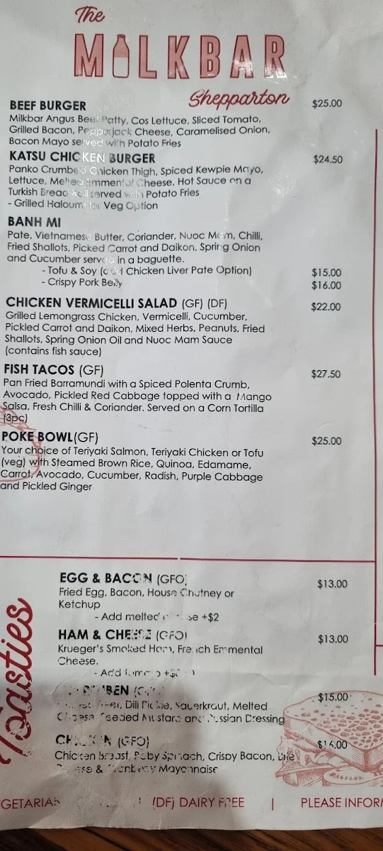 Menu, The Milkbar Shepparton