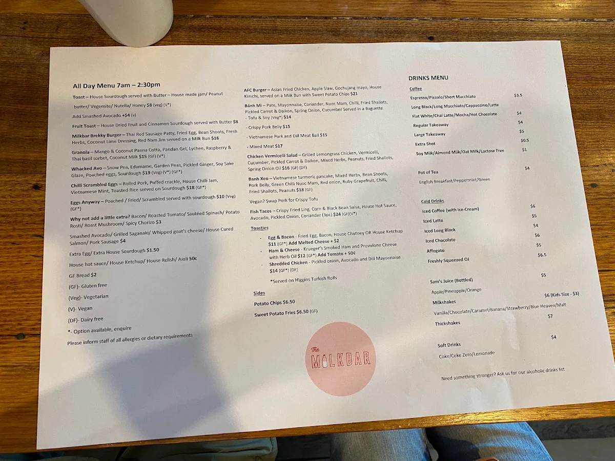Menu, The Milkbar Shepparton