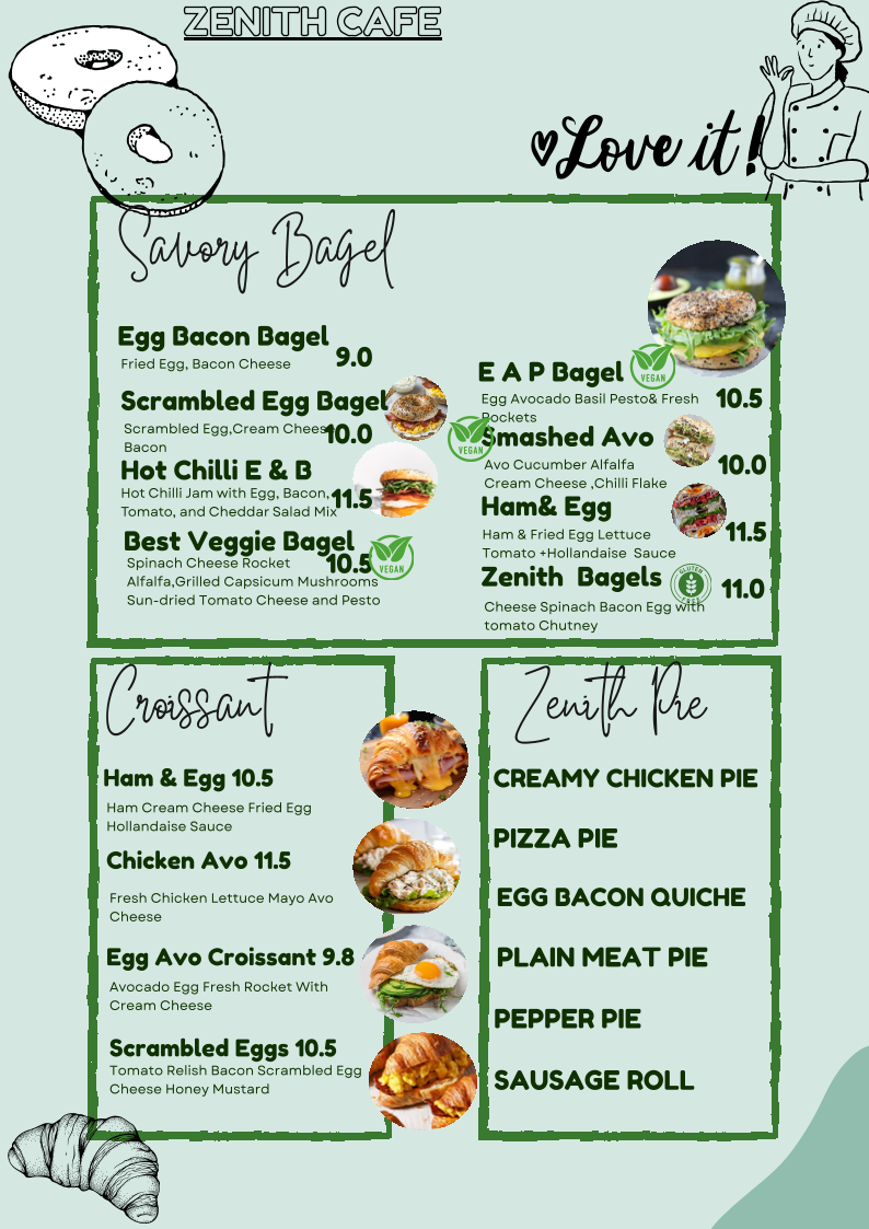 Menu, Zenith Cafe