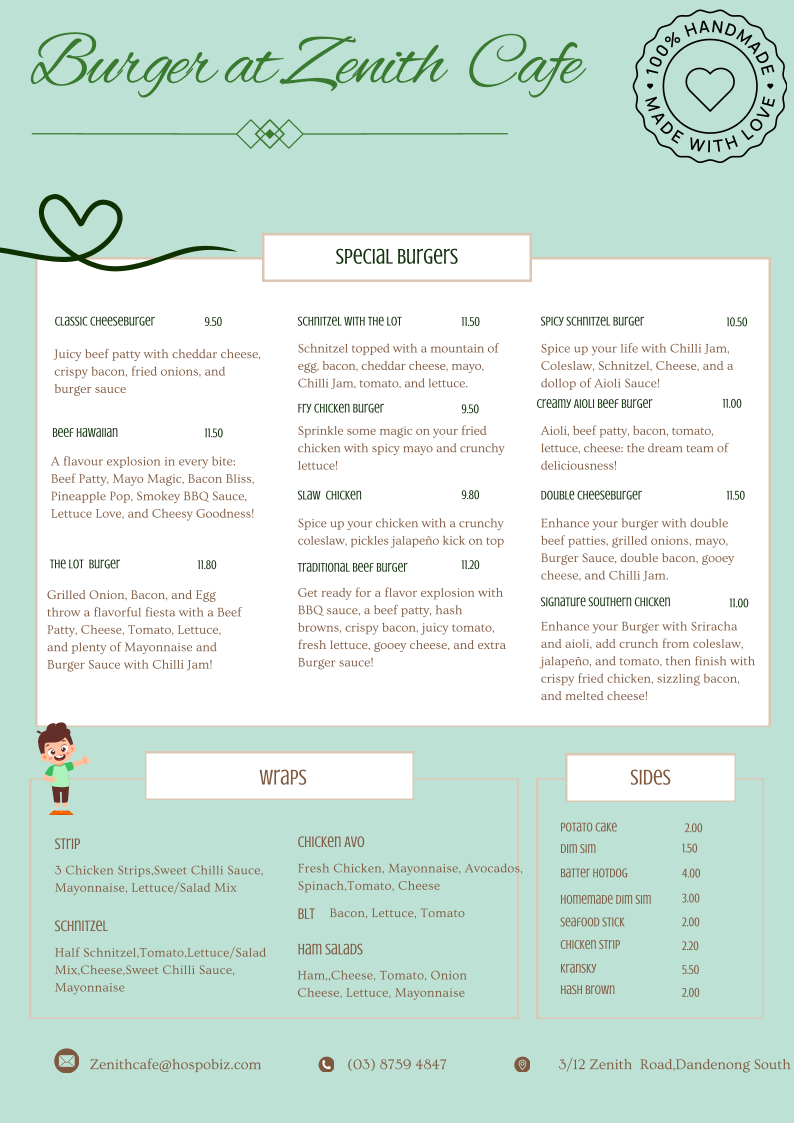 Menu, Zenith Cafe