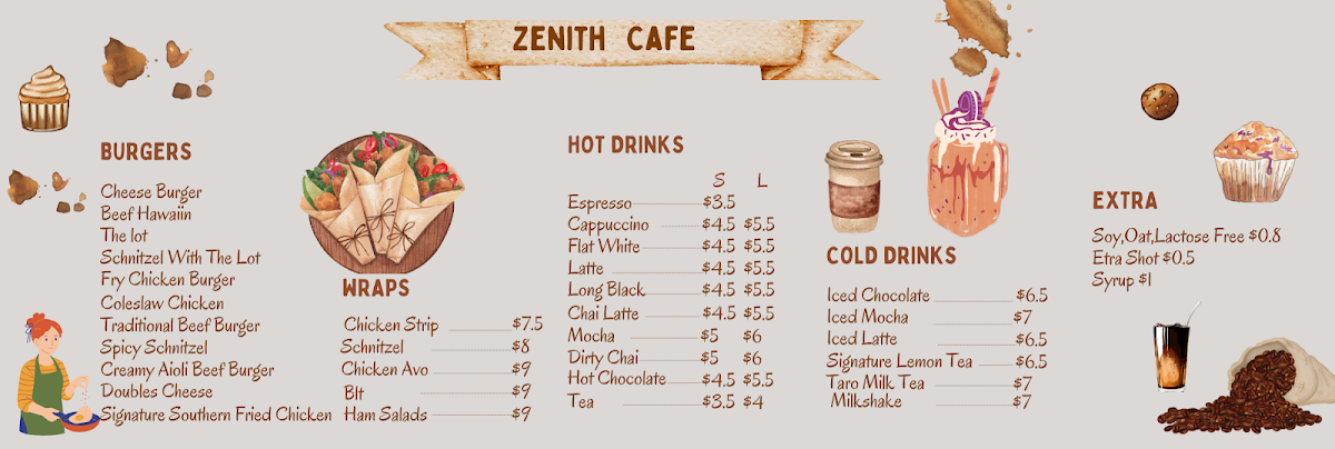 Menu, Zenith Cafe
