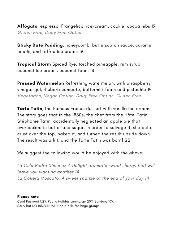 Menu, Garrison Restaurant & Bar