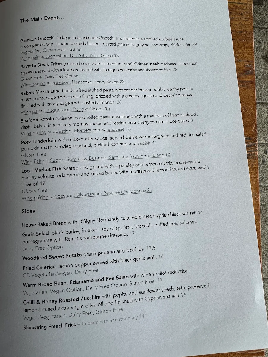 Menu, Garrison Restaurant & Bar