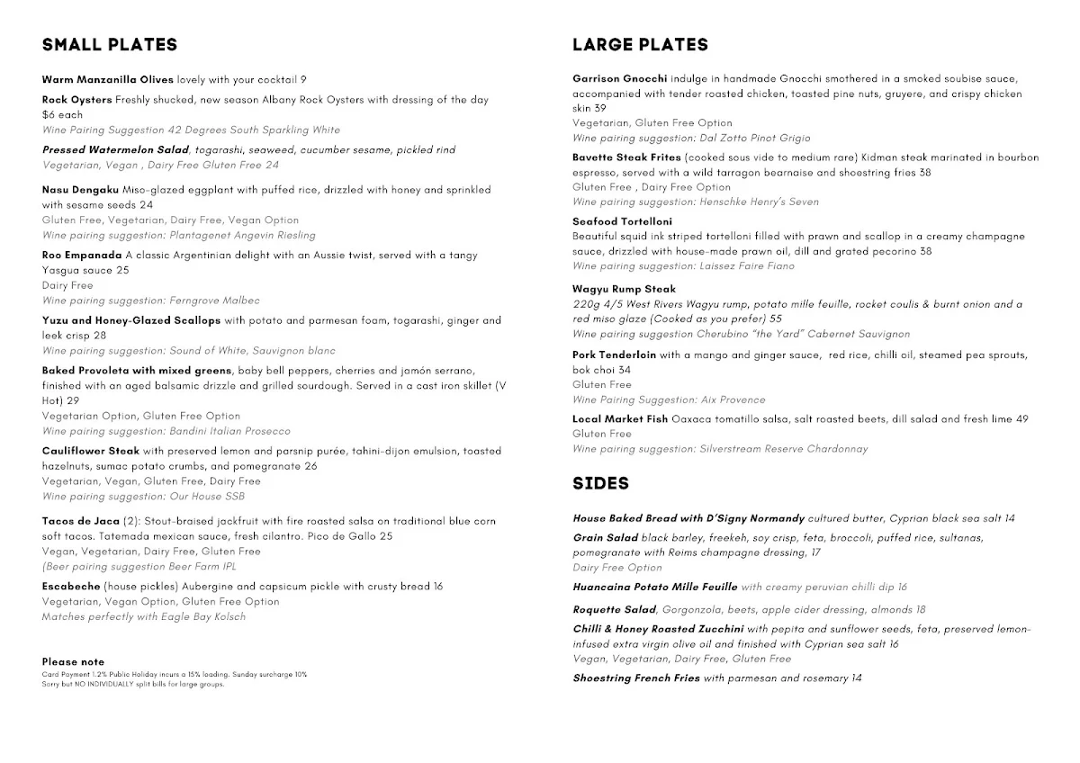 Menu, Garrison Restaurant & Bar