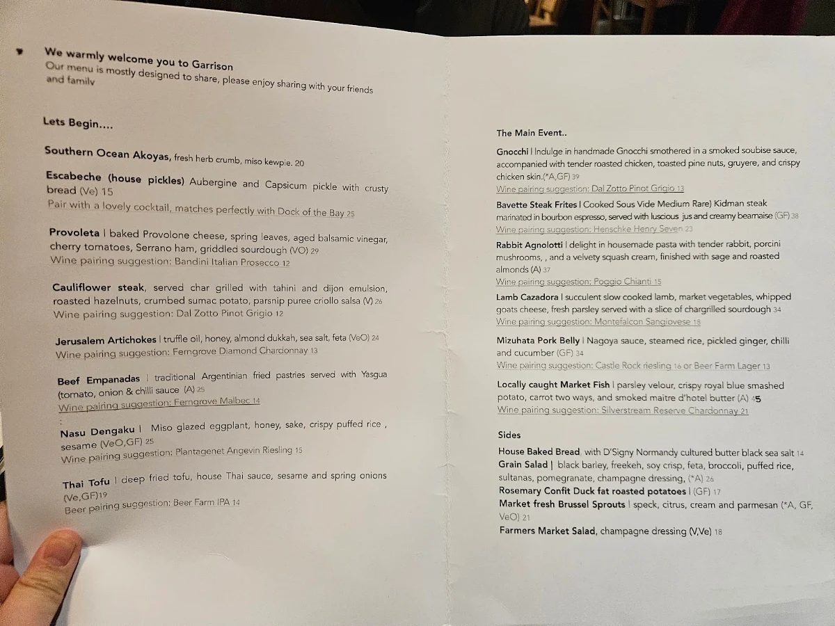 Menu, Garrison Restaurant & Bar