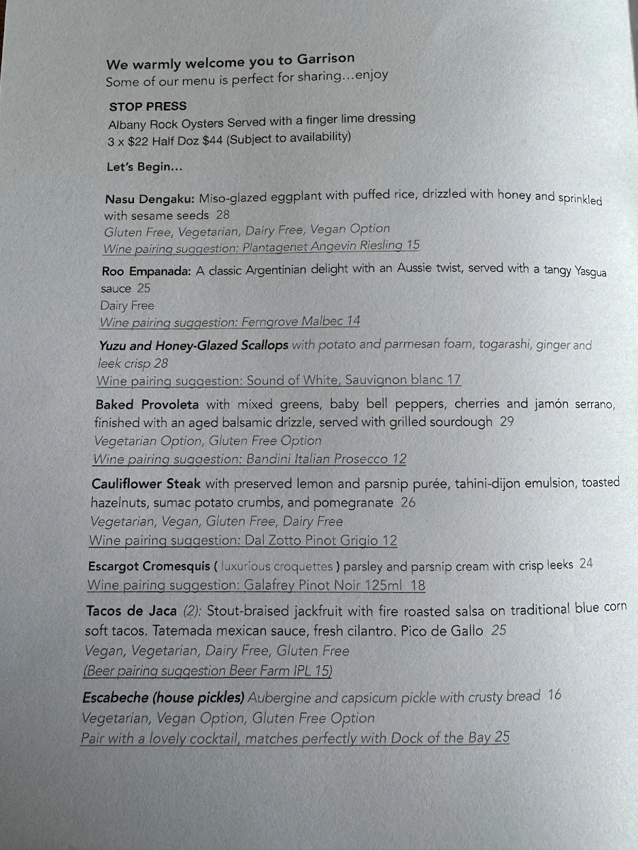 Menu, Garrison Restaurant & Bar