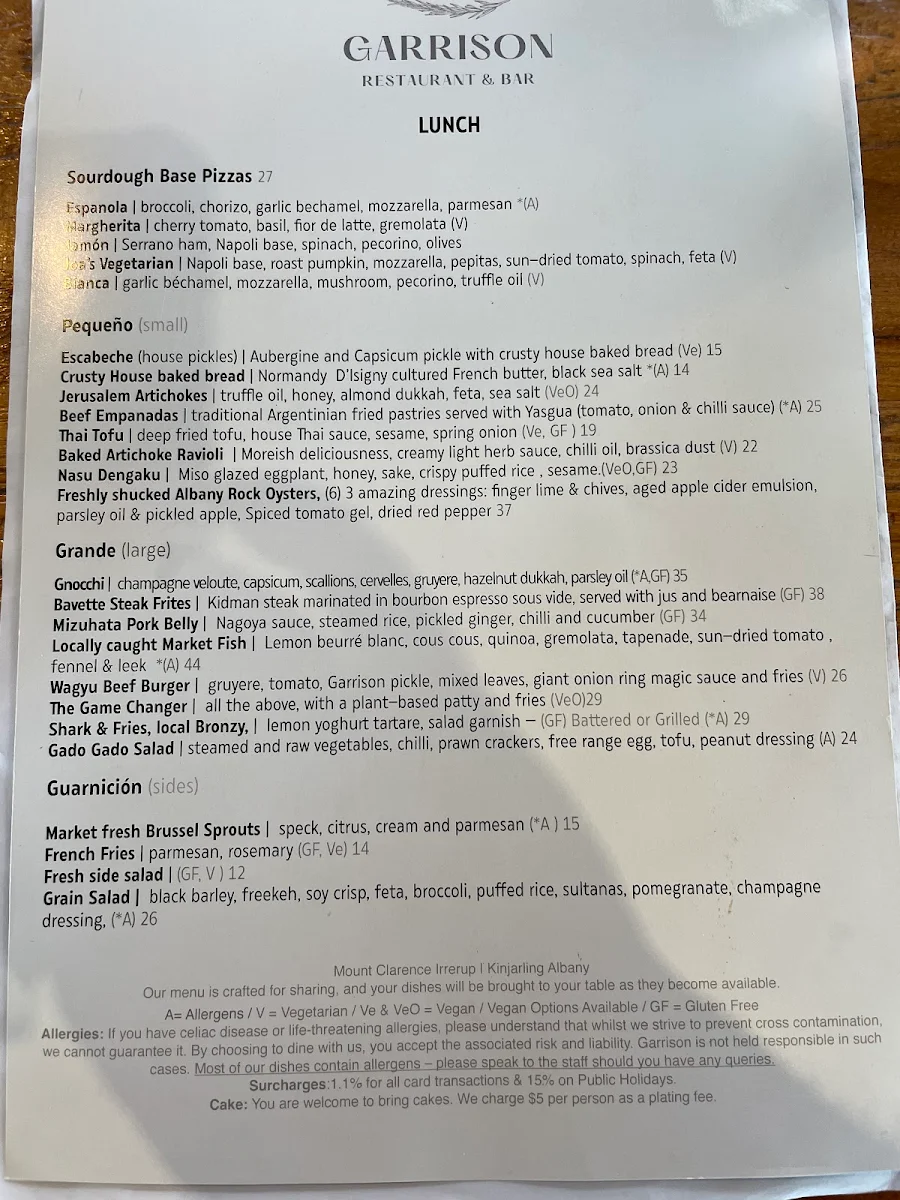 Menu, Garrison Restaurant & Bar