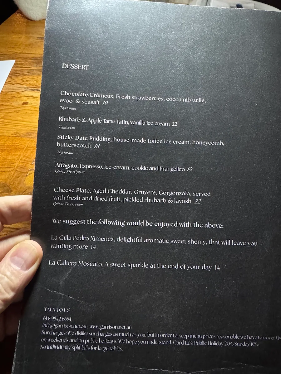 Menu, Garrison Restaurant & Bar