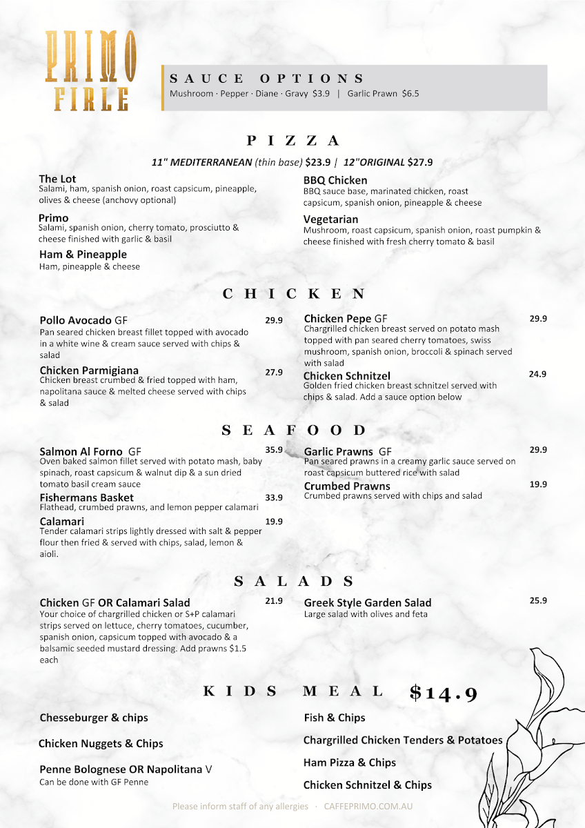 Menu, Caffe Primo Firle